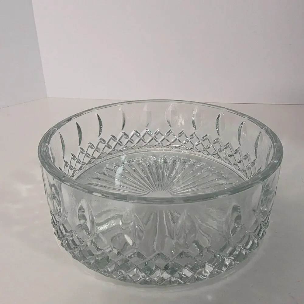 Vintage Clear Pressed Glass Serving Bowl Fleur De Lis Trellis Starburst